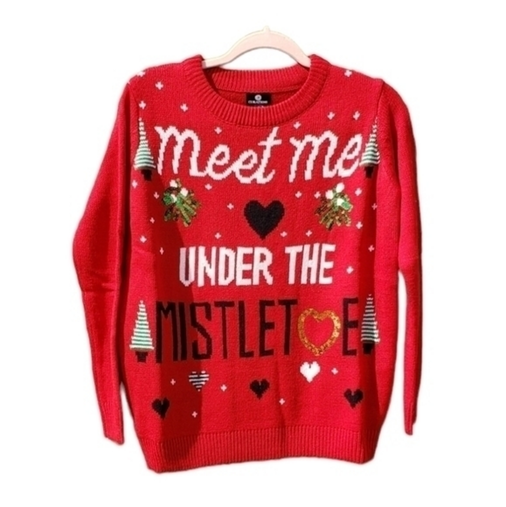 Curations Knit Cardigan Christmas Sequin‎ Scoop Neck Sweater Top Small